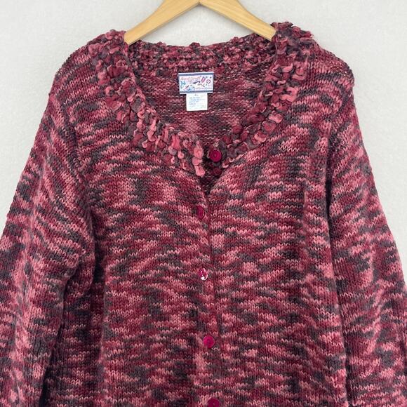APRIL CORNELL Sweater XL Wool Blend Marled Button Up Cardigan Chunky Fringe Red - Picture 3 of 14